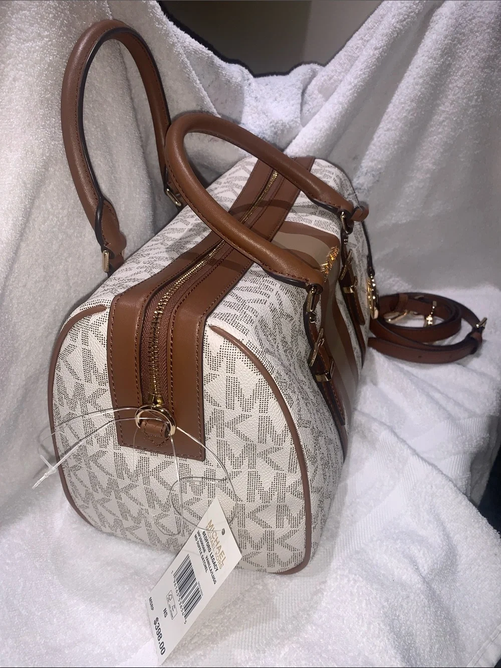 Michael Kors Brown and Cream MK Signature Satchel with Stripe